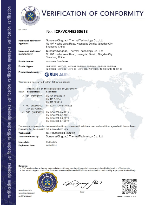 ICR CE certificate for L-bar heat shrink wrapping machine valid through 2031