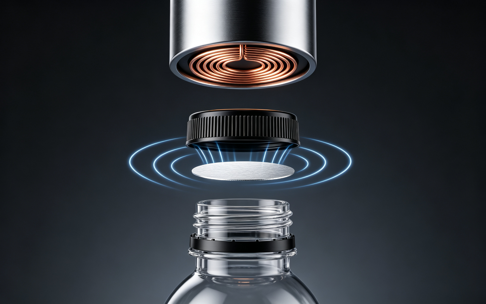 Cutaway technical view of an induction sealing coil heating an aluminum foil liner inside a bottle cap, with blue electromagnetic field lines coupling from the copper coil to the foil disc on a PET bottle neck
