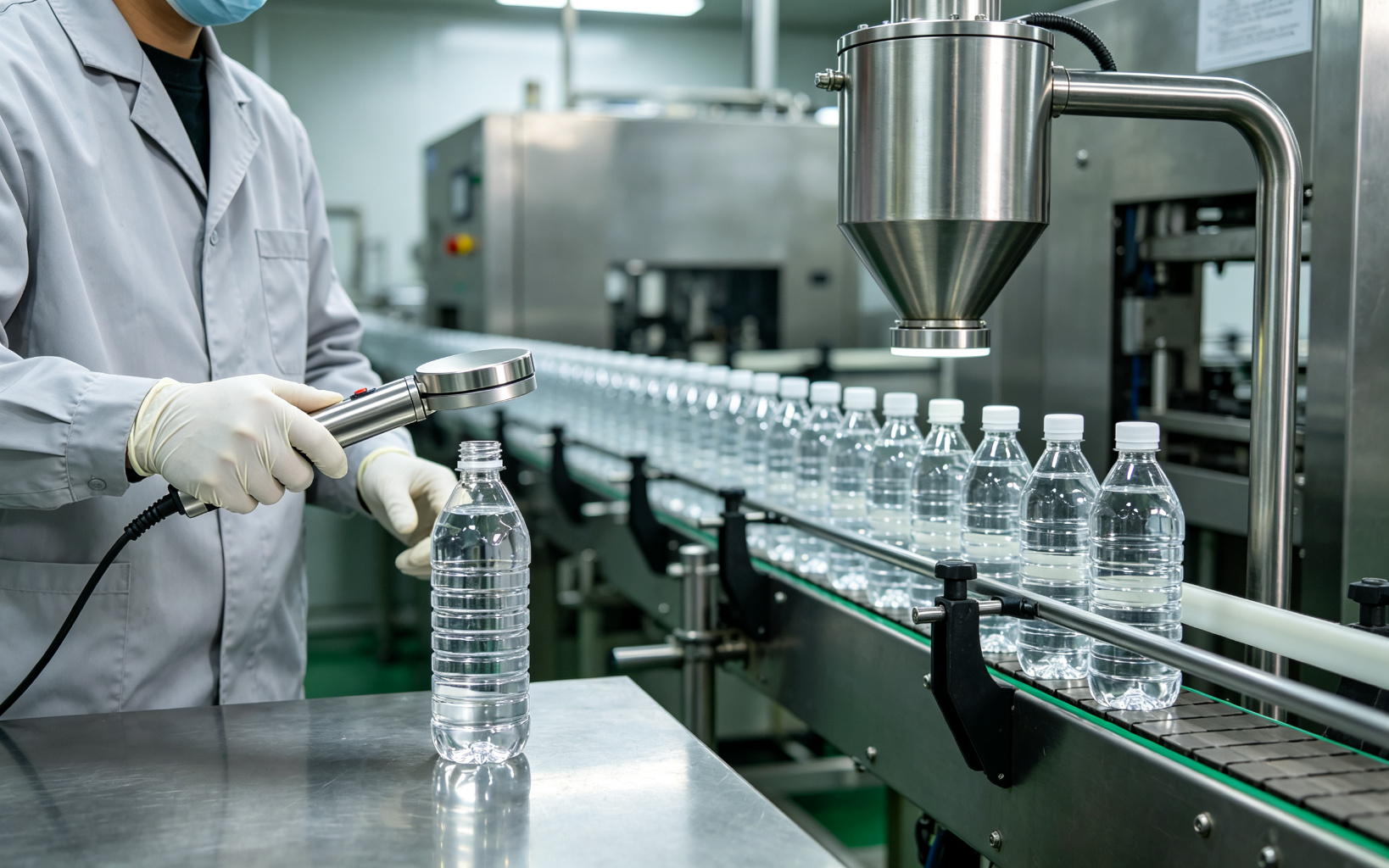 Factory worker using a handheld induction sealing wand on a single PET bottle beside a continuous conveyor line carrying capped bottles under an inline induction sealing head