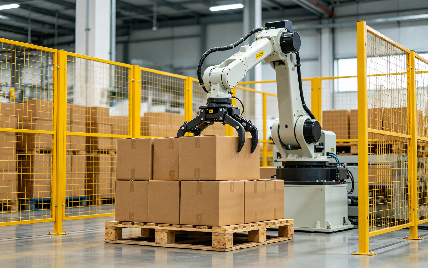 Industrial robotic palletizer stacking cardboard cartons onto a wooden pallet behind yellow safety fencing