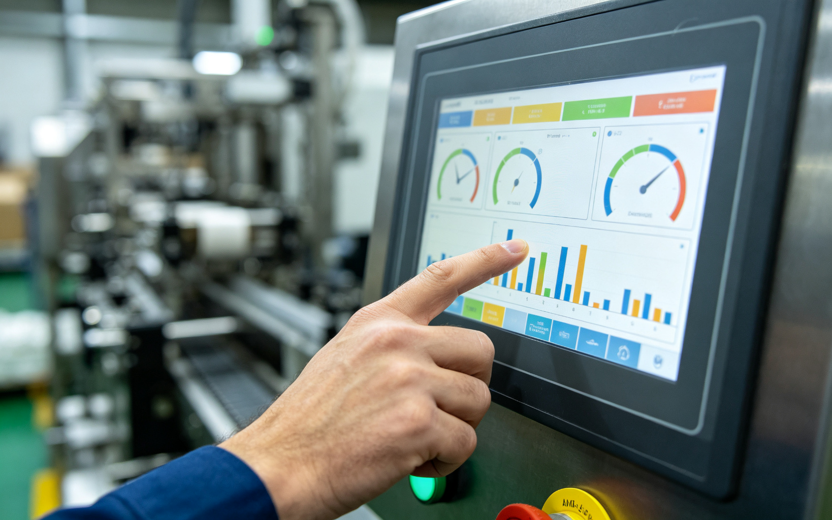 Factory operator touching HMI touchscreen control panel showing packaging line status dashboard with gauges and charts