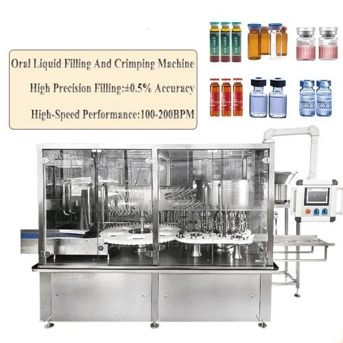 Stainless steel liquid filling machine product contact surfaces showing tri-clamp connections