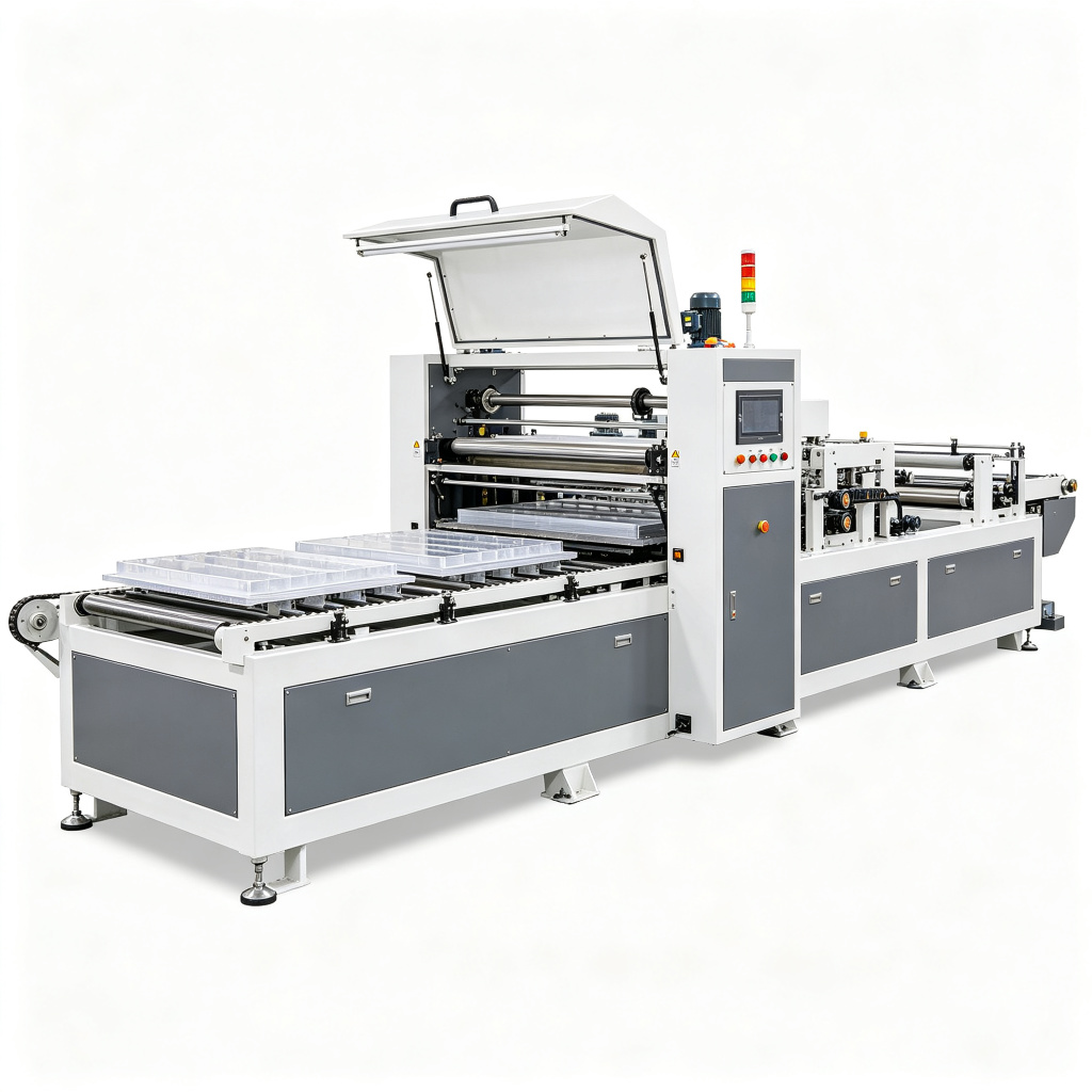 Negative pressure thermoforming machine forming food and produce trays from PP roll stock