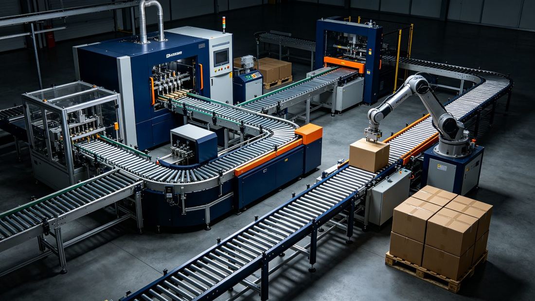 SunAura automated packaging line layout showing filler capper labeler connected by common-height conveyor