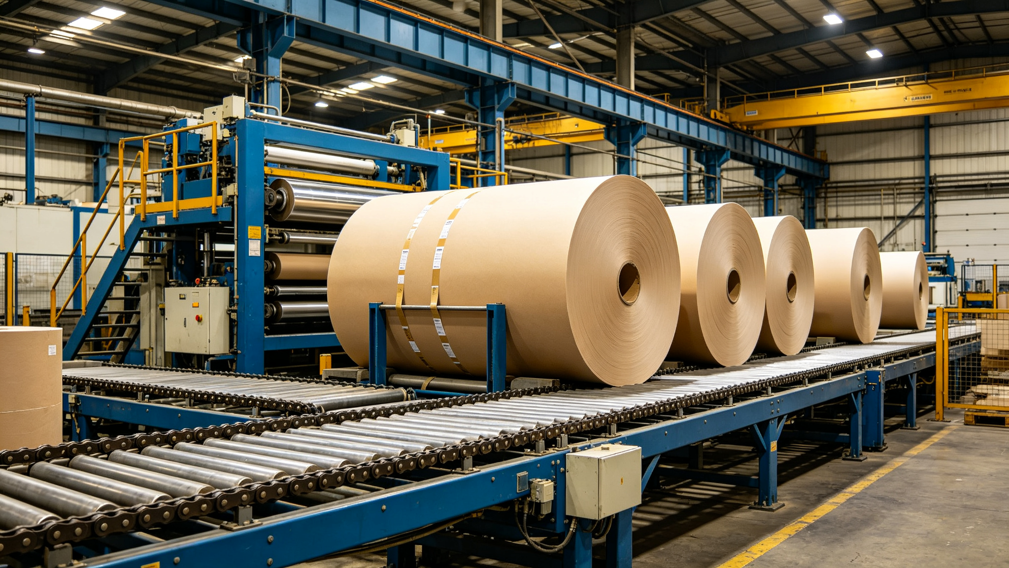 Heavy paper roll conveying and packaging line in a paper mill