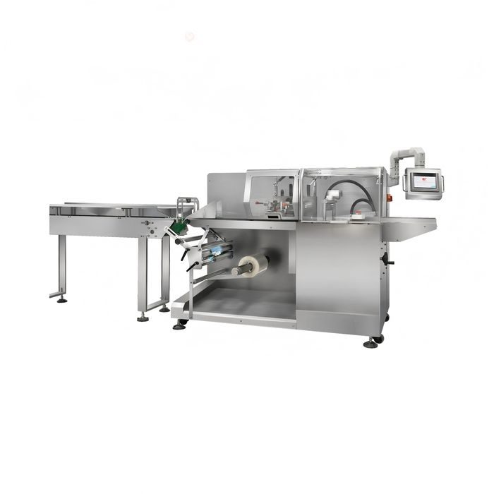 Horizontal pillow flow wrapper sealing and discharge section