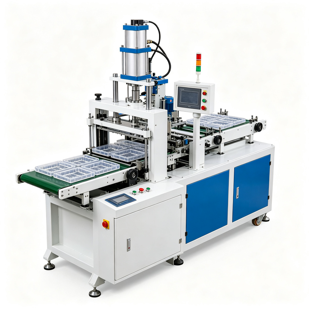 Positive negative pressure thermoforming machine with top pressure box and bottom vacuum platen