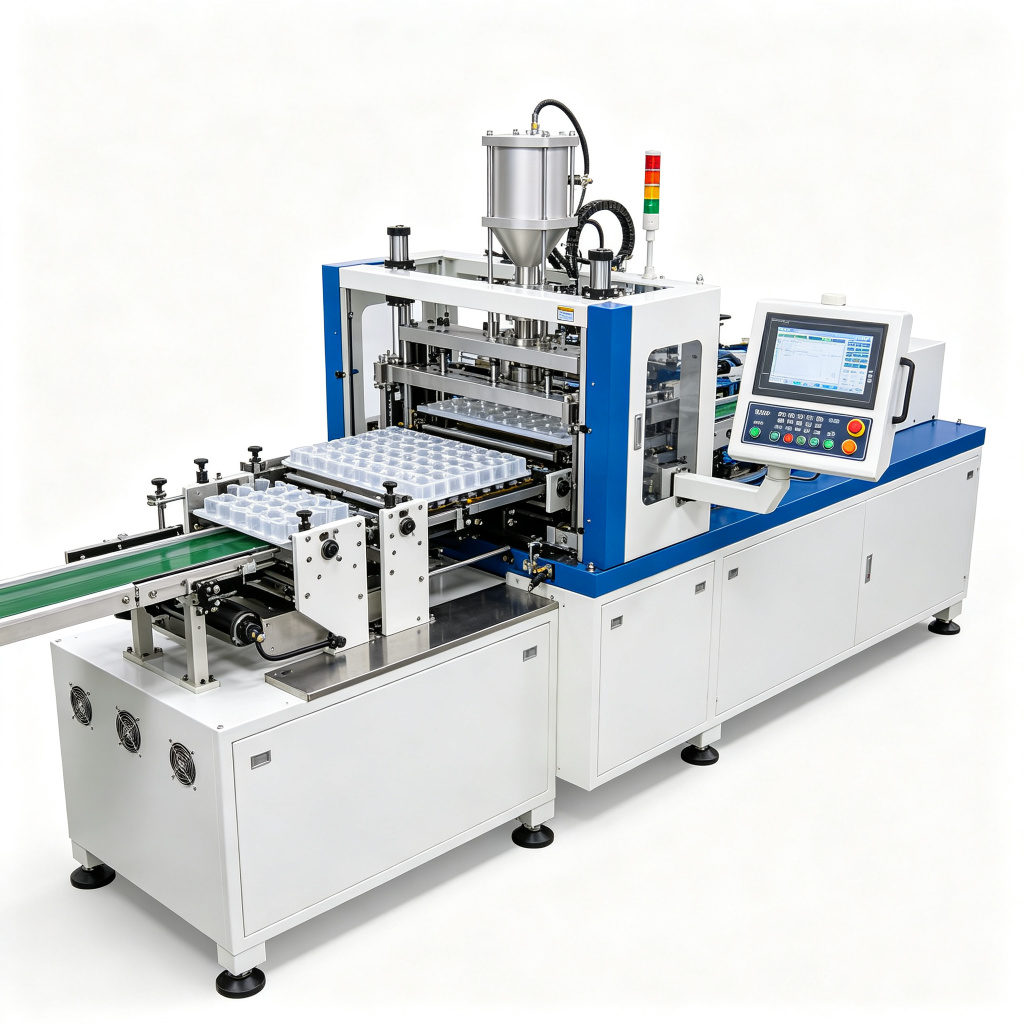 Servo-driven thermoforming machine with linear rail clamp frame and HMI control panel